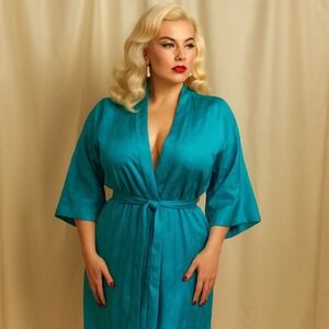 Vintage Dynasty Hong Kong Silk Jacquard‎ Turquoise Kimono Robe Belted Medium